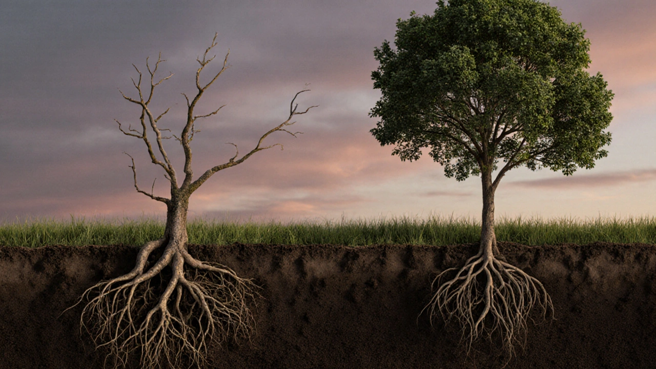 Strom s kořeny pod zemí – větve přeříznuté u země (depilace) vs. vykácený strom (epilace).