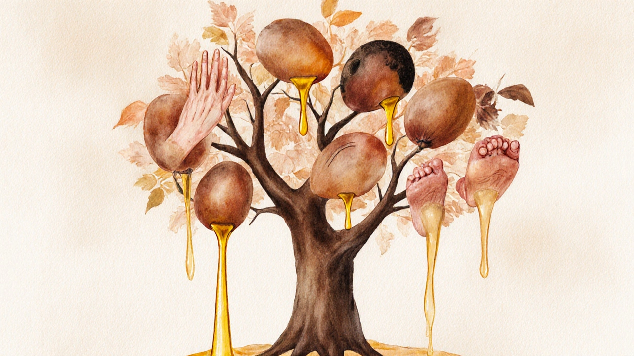 Strom shea s větvemi tvarujícími se v tělesné části, napájený zlatým olejem.