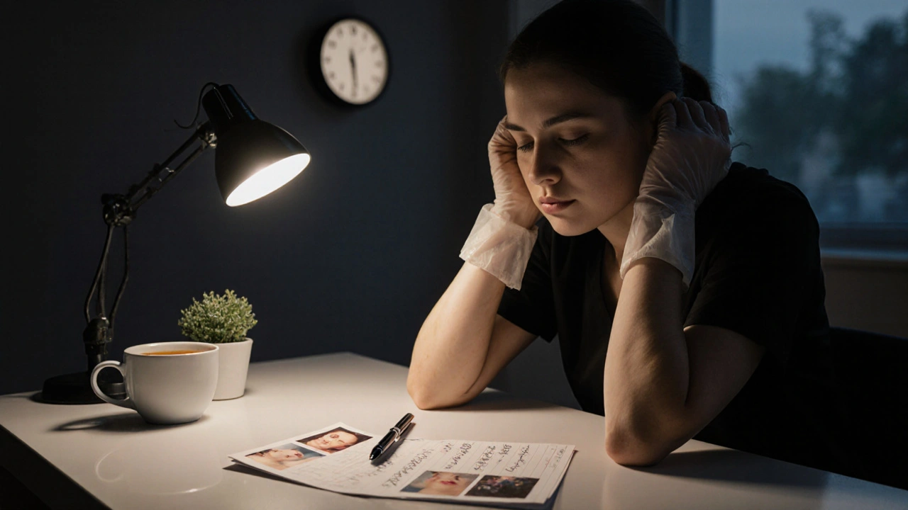Unavené ruce kosmetičky na stole s osobní kartou klientky a zbytky pracovního dne.