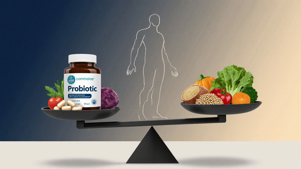 Váha s probiotiky na jedné straně a zdravou stravou na druhé, symbolizující rovnováhu pro zdravé střevo.
