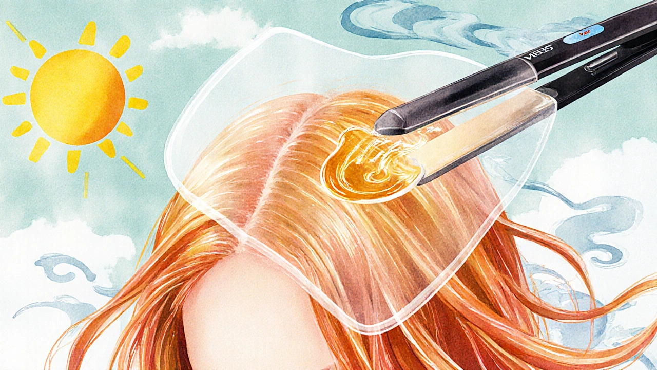 Vlasy chráněny průhlednou ochrannou vrstvou séra před sluncem, větrem a teplem, abstraktně znázorněno vodovými barvami.