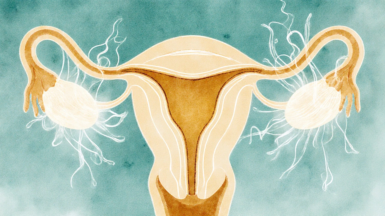 Vnitřní anatomie ženy s obnovujícími se hormonálními signály, zobrazená jako kvetoucí organické tvary.