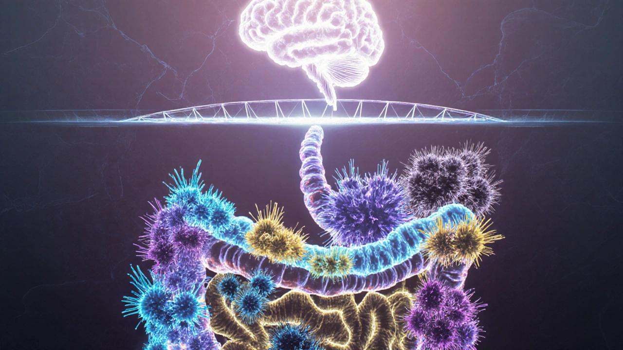 Vnitřní stěna střeva jako živý ekosystém s jasně zbarvenými laktobacily a zdravou rovnováhou mikroflóry.