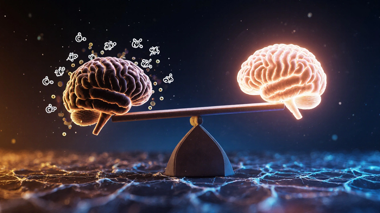 X-ray mozku s vyrovnávajícími se neurotransmitery, jeden stranou alkohol, druhou obnovu.