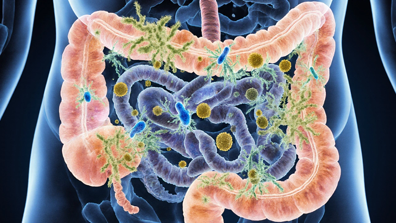 Zdravé střevo s jasně zářícími užitečnými bakteriemi a vlákninou, škodlivé mikroby jsou na pozadí.