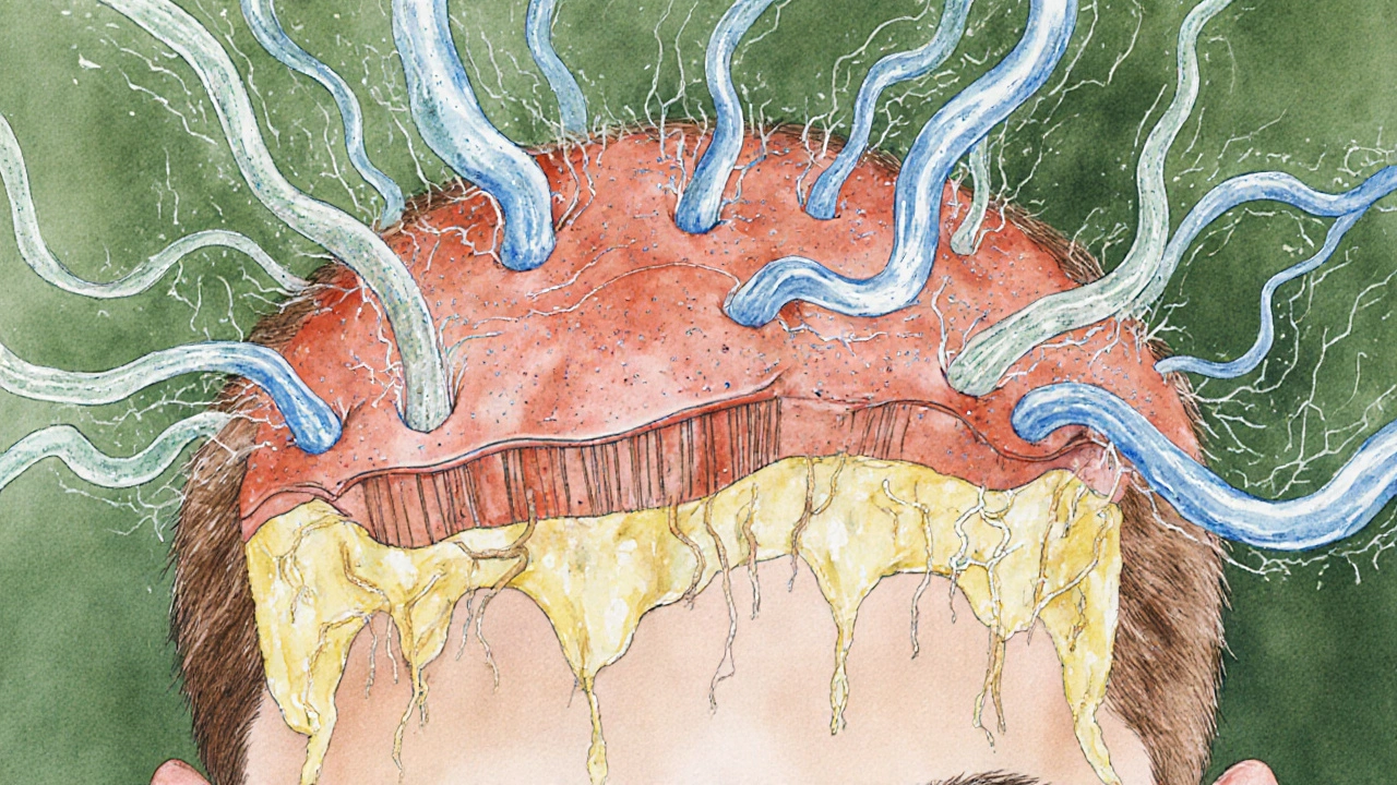 Zdravý vlasový folikul s kolagenovými molekulami a krevními cévami přivádějícími živiny.