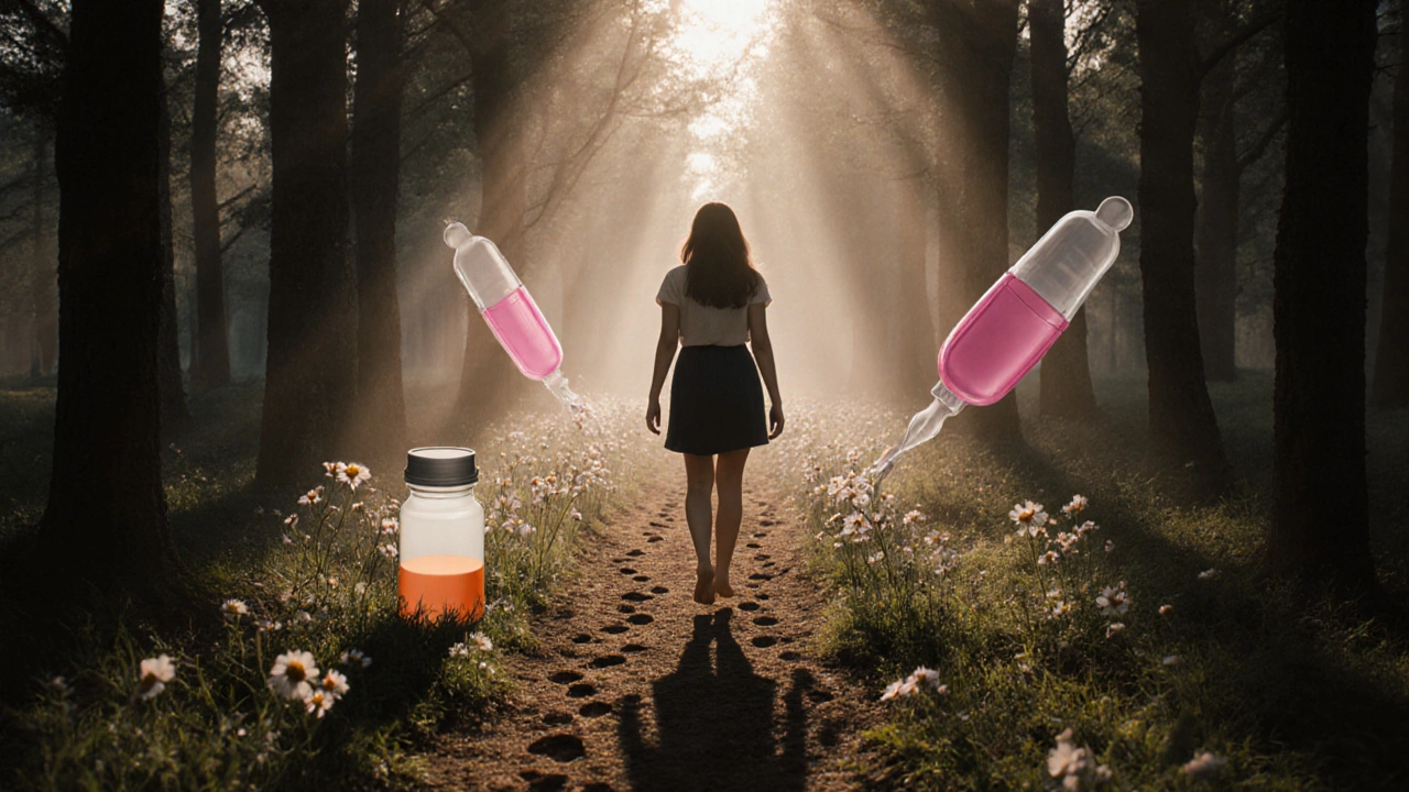 Žena kráčí lesem na ranním světle, její stopy se mění v květy, zatímco stín antikoncepce mizí.