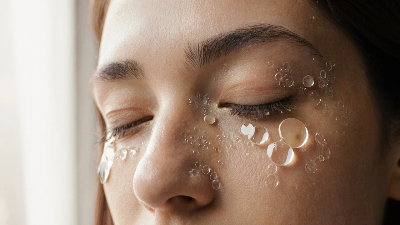 Žena s uzavřenýma očima, jemné kapičky očního krému na oblasti kolem očí v ranním světle.