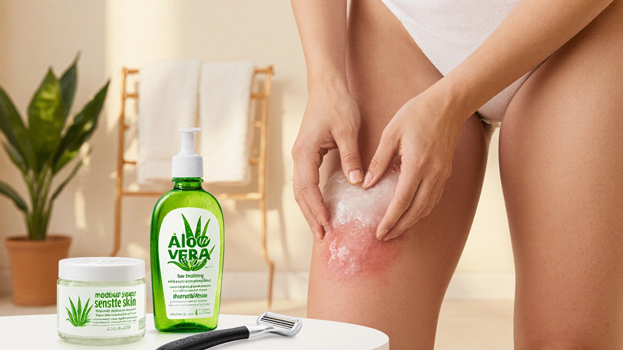 Žena si nanáší aloe veru na pokožku po odstranění ochlupení, mírně červená kůže je vidět.