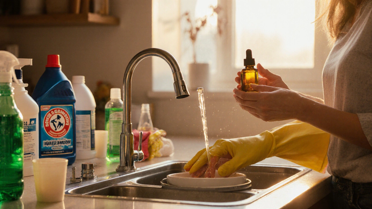 Žena v gumových rukavicích myje nádobí, zatímco jiné ruce masírují olej do nehtů při teplém světle.