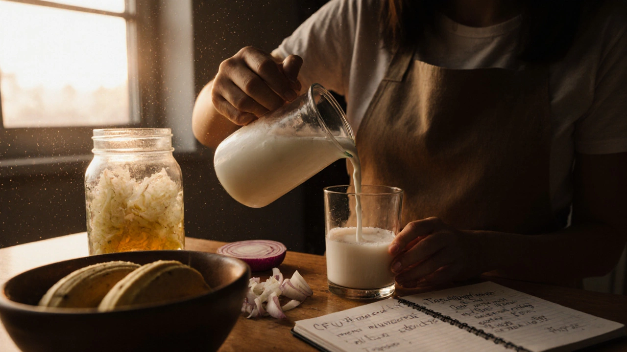 Žena v kuchyni připravuje probiotické potraviny s banány a cibulí ve večerním světle.