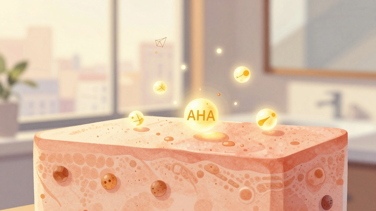 Abstraktní znázornění AHA kyselin odstraňujících mrtvé buňky z pleti v teplém světle.