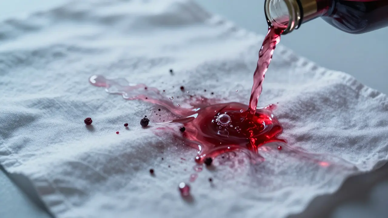 Abstraktní znázornění rozkladu skvrny od vína pomocí peroxidu vodíku.