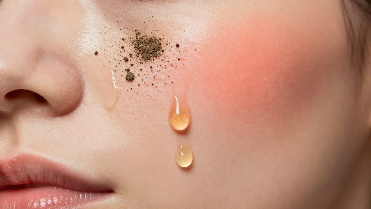 Abstraktní zobrazení různých typů pleti s efekty mask: hydratace, čištění a mírné podráždění.