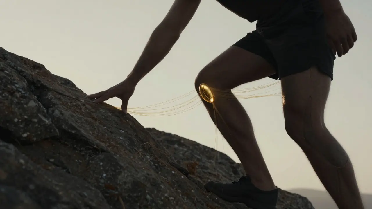 Člověk šplhá na hora, zlaté vlákna kolagenu proudí z rybí kapsle do těla.