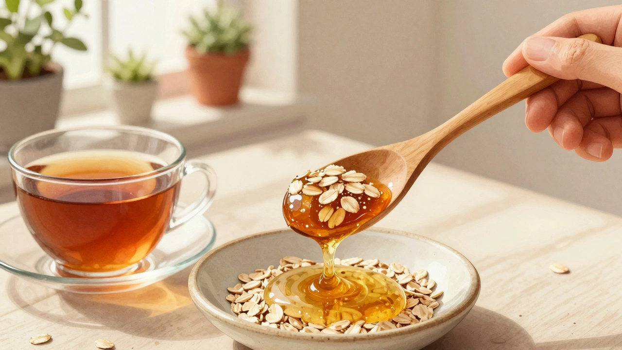 Domácí maska z medu a ovesky na keramickém talíři s čajem vedle.