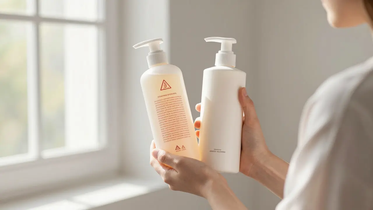 Dvě láhve šamponu: jedna s chemickými přísadami, druhá s přírodními složkami