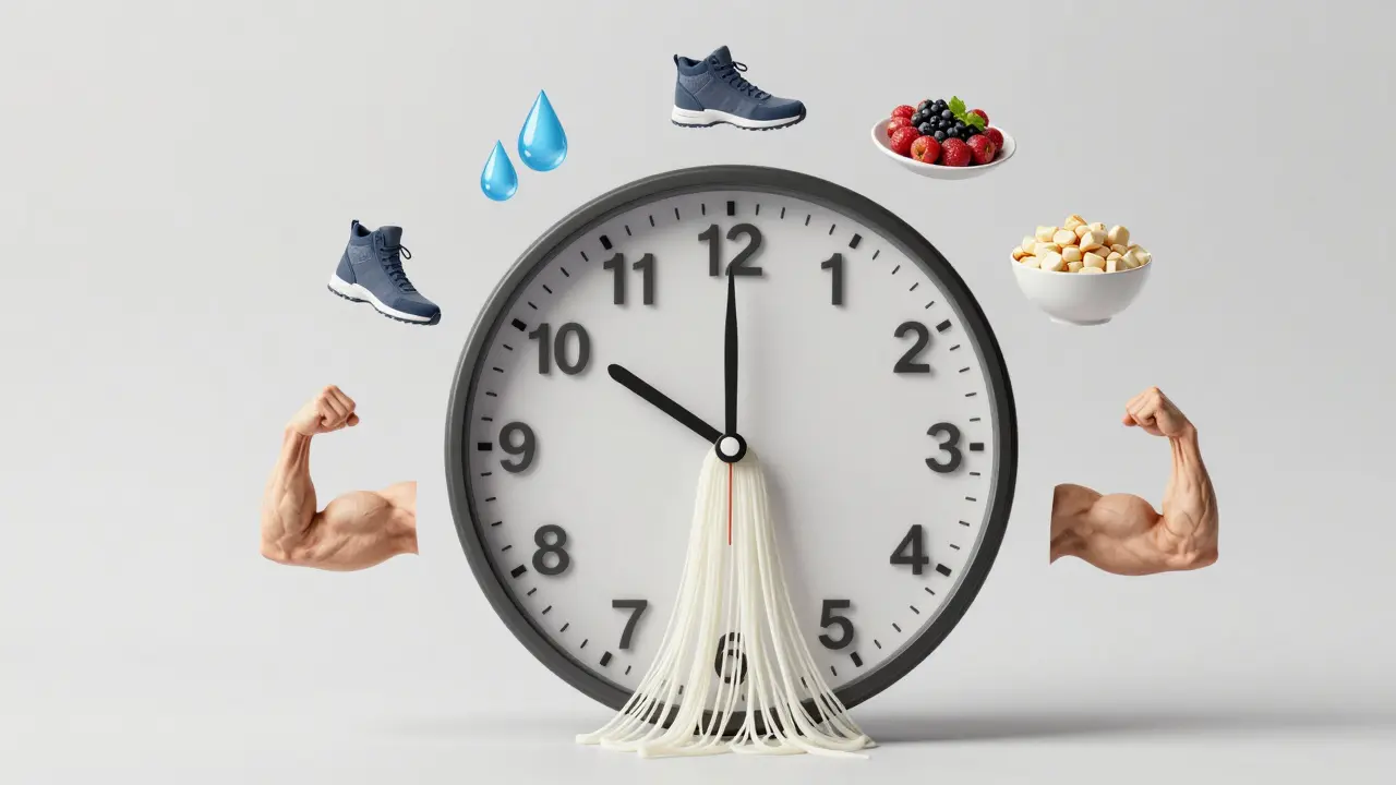 Hodiny s kolagenovými ručičkami, které se pomalu rozpadají, podporované zdravými návyky.