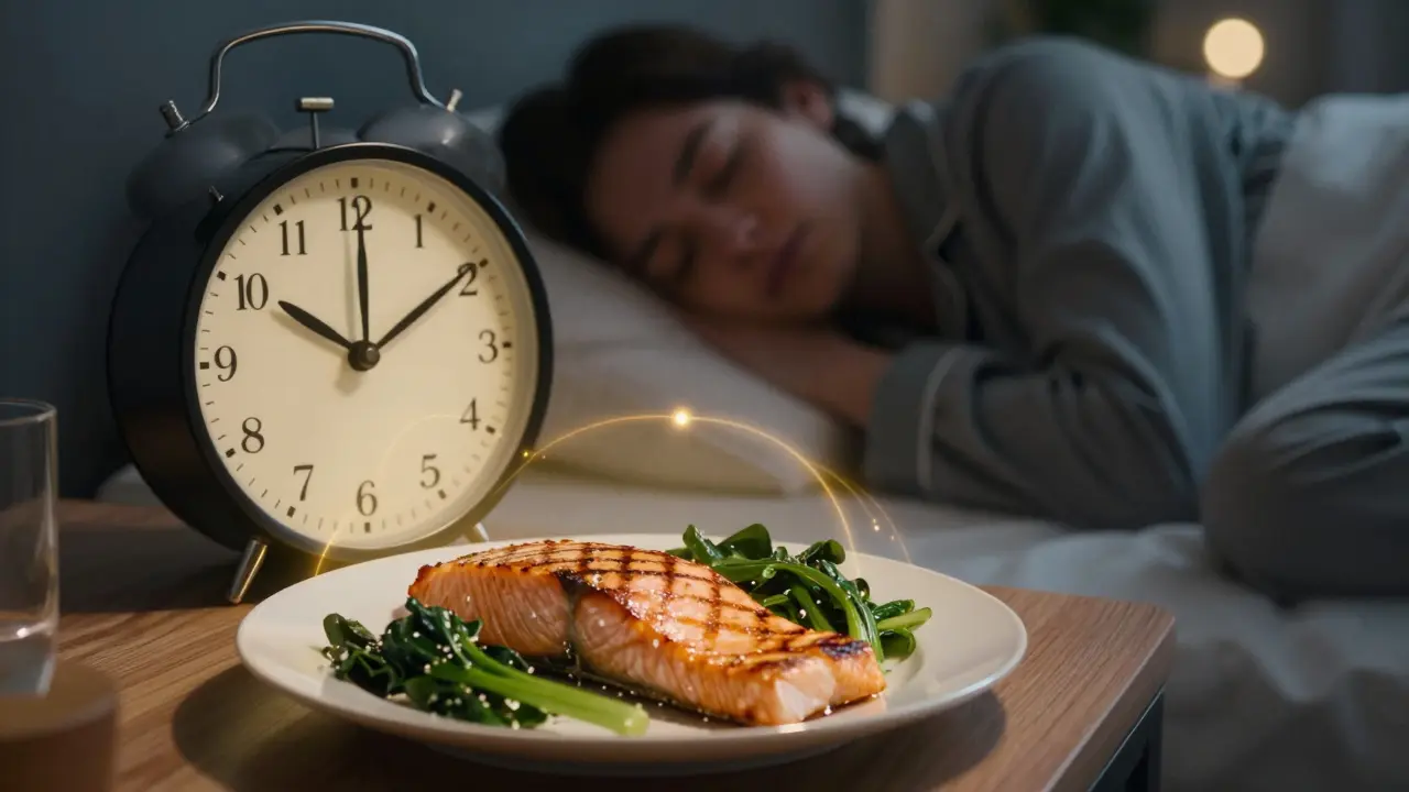 Hodiny ukazují 20:00 a 7:00 vedle jídla s lososem, symbolizujíce 3–4 hodiny mezi posledním jídlem a spaním.