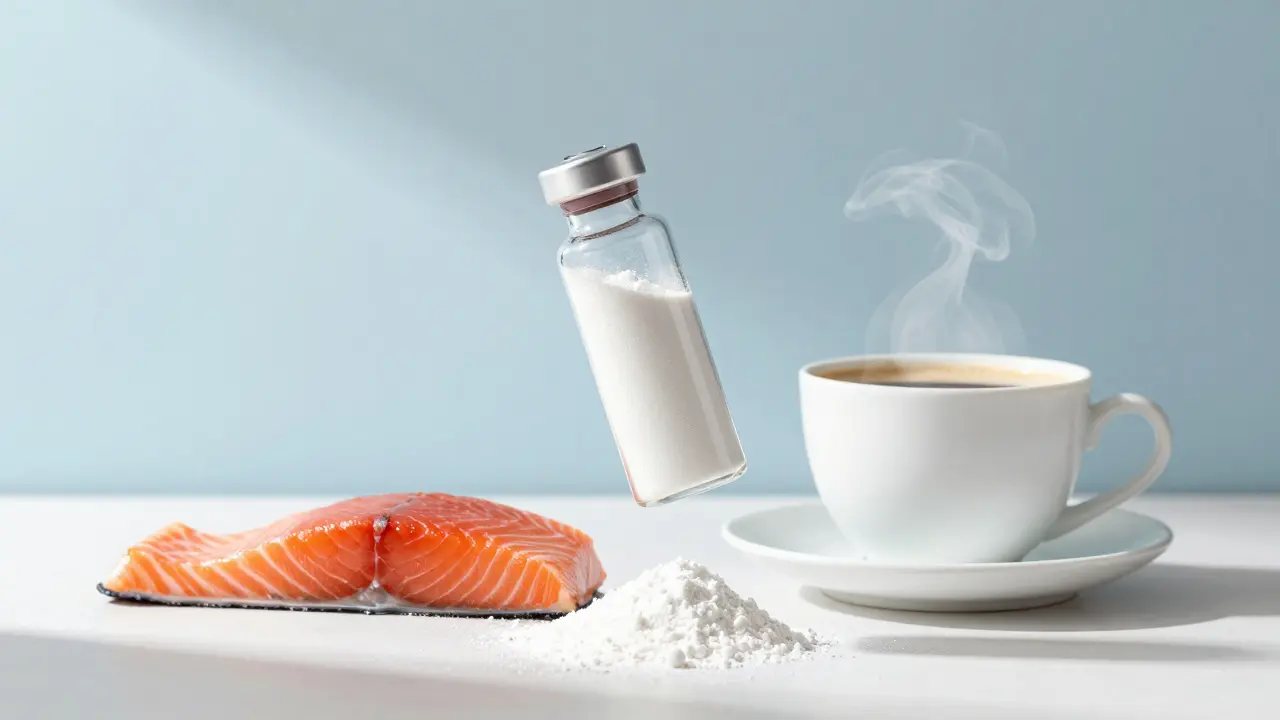 Hydrolyzovaný mořský kolagen v prášku s lososem a kávou.