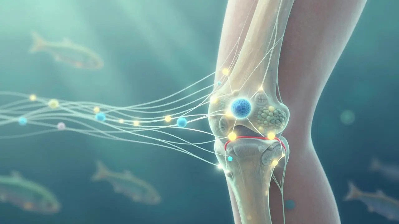 Ilustrace kůže a kloubu s leskoucími kolagenovými vlákny a rybími šupinami.