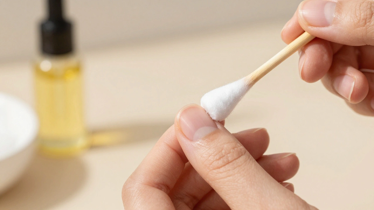 Jemné odstraňování laku vátou směrem k špičce nehtu bez škrábaní.