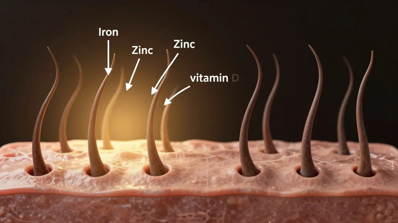Koncepční obrázek zdravých vlasových folikulů napájených živinami jako železo, zinek a vitamín D.