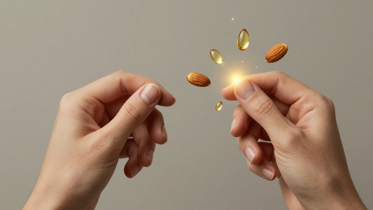 Kontrast mezi poškozenými a zdravými nehty s oleji a potravinami pro obnovu.