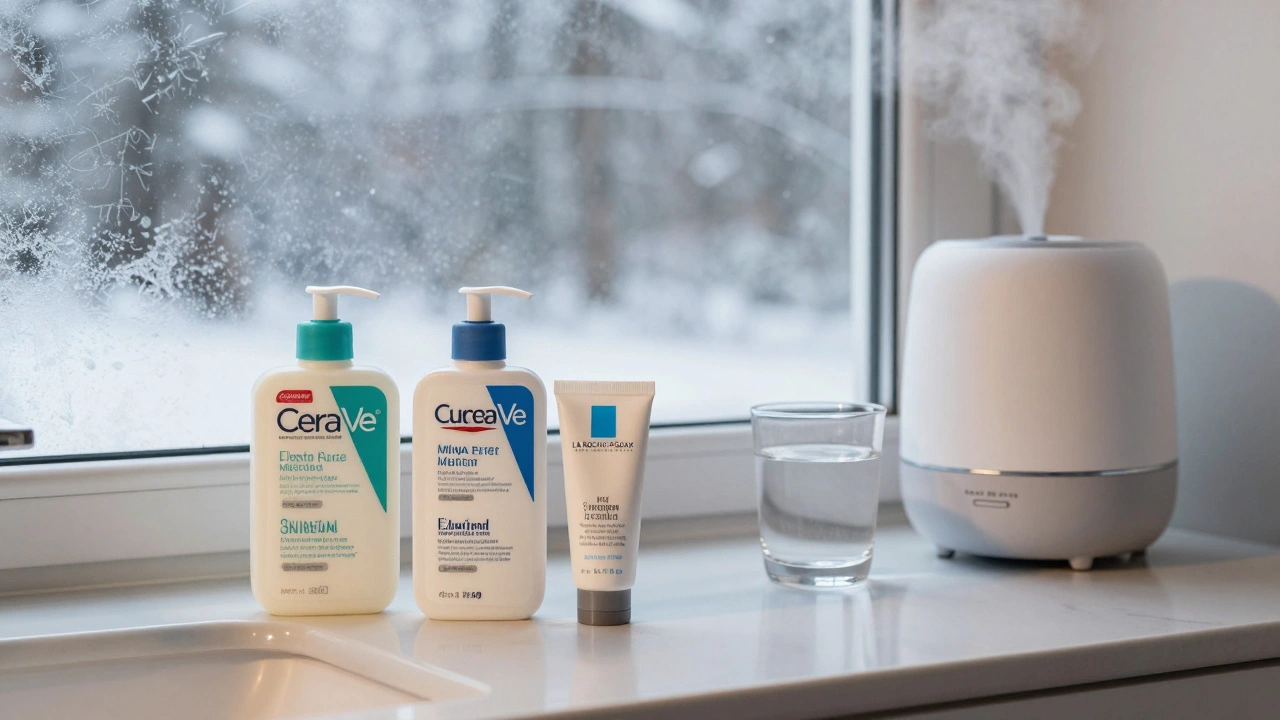 Kozmetické krémy s ceramidy na stole vedle vlhčičky a zimního výhledu z okna
