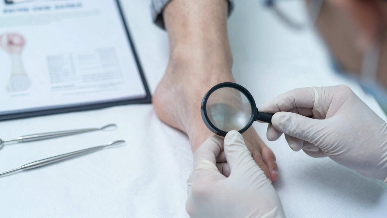 Odborník pečlivě prohledává nohu diabetika pomocí lupy v sterilním prostředí.