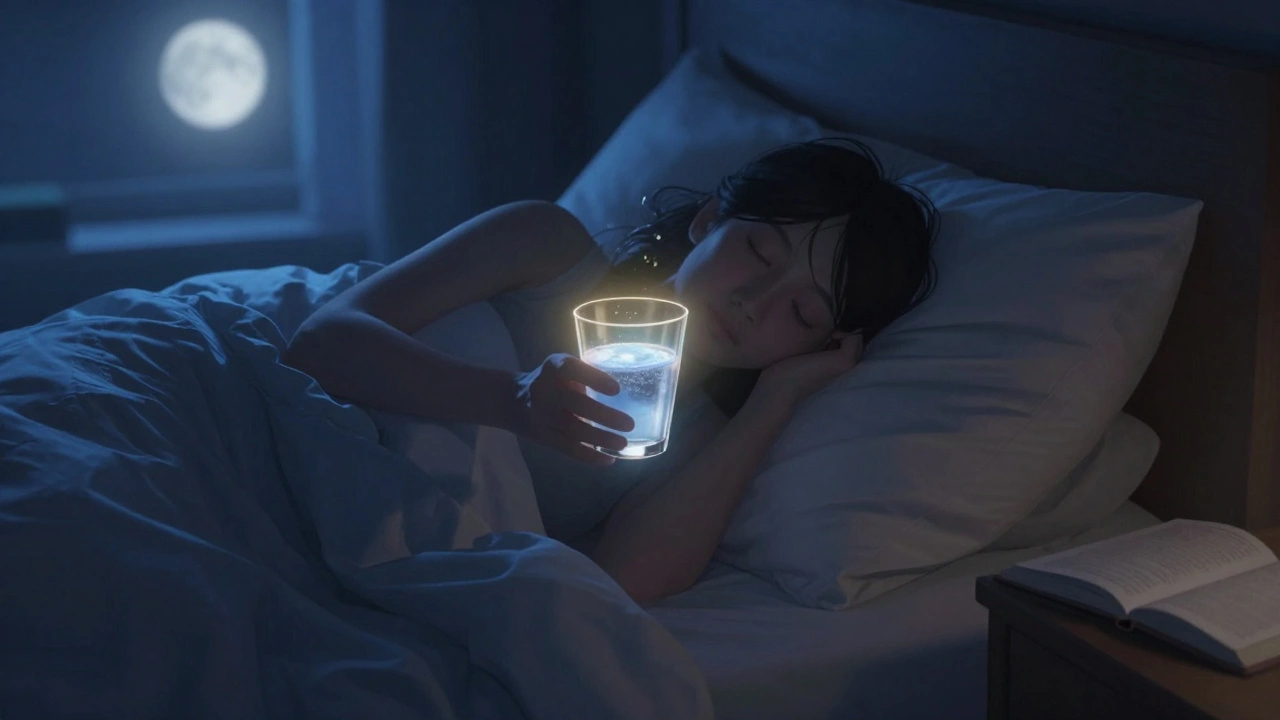 Osoba v posteli pije kolagen večer před spaním, měsíční světlo osvětluje pokoj.