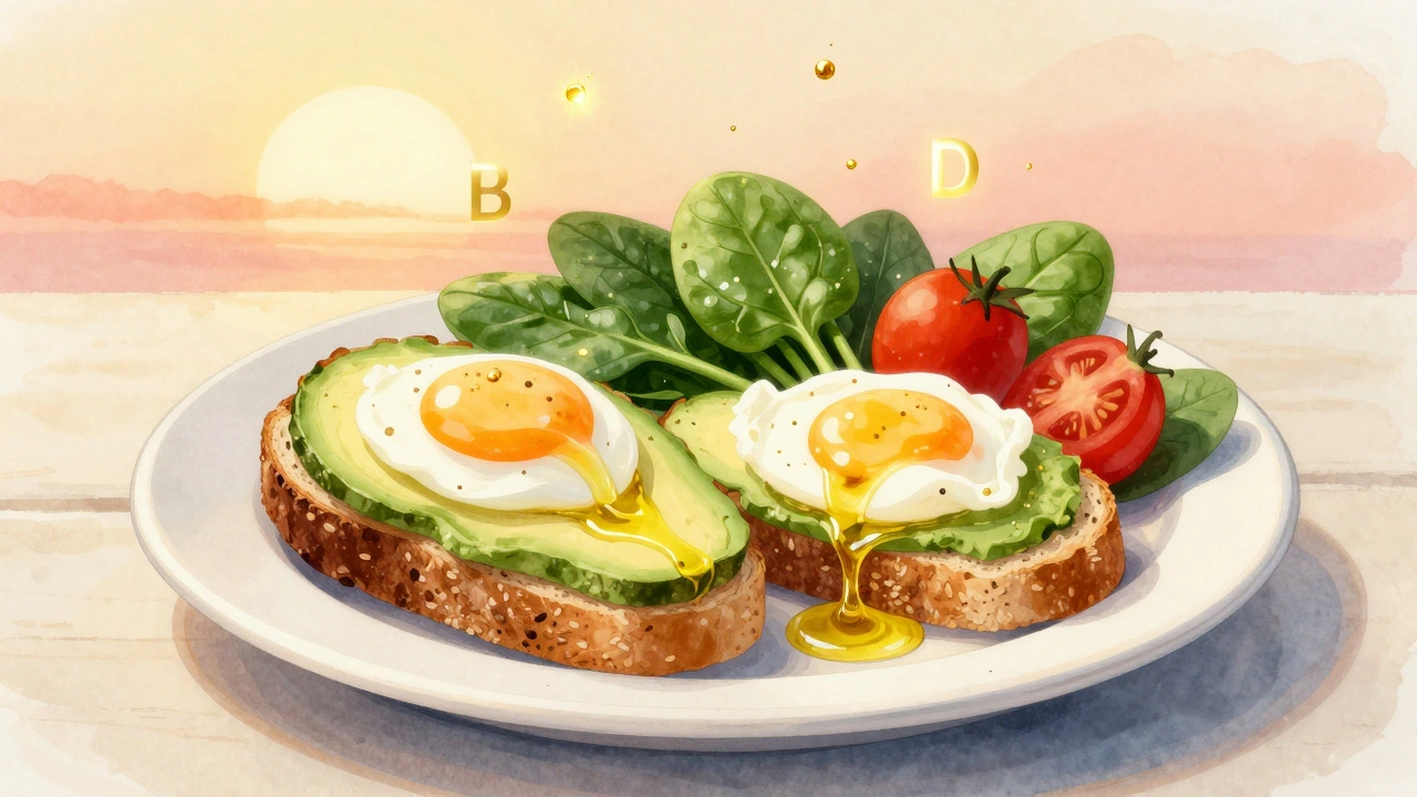 Ovesná kaše s avokádem a vařenými vajíčky s listy špenátu