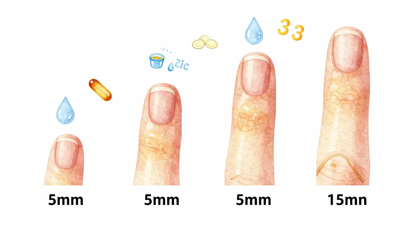 Postupný růst nehtů za osm týdnů s symboly výživy a hydratace.