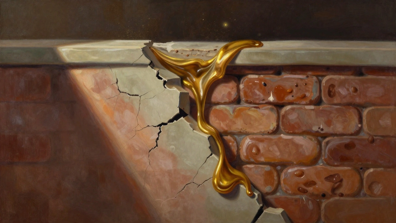 Prasklá zeď opravovaná zlatým maltovým materiálem, symbolizujícím obnovu pokožky