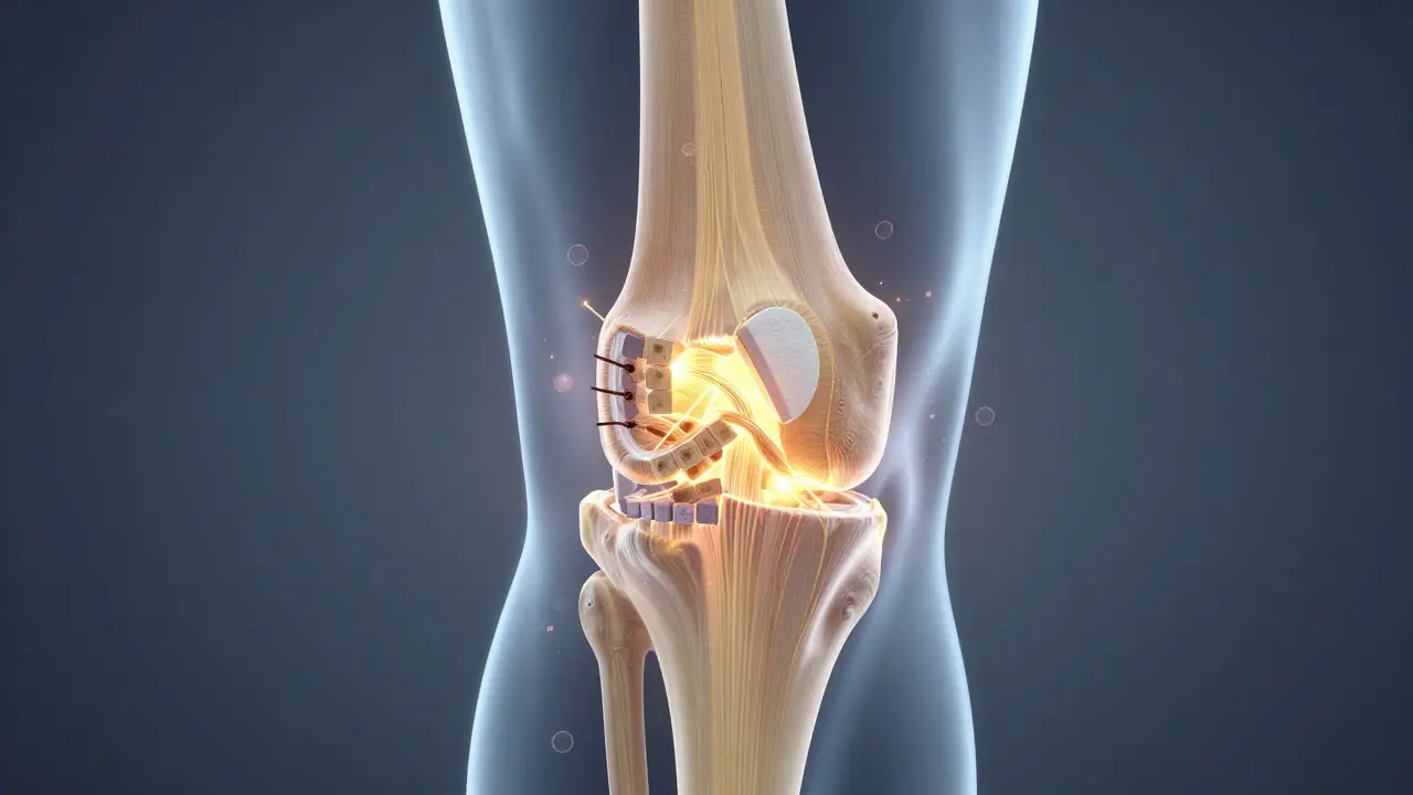 Příčný řez kolenem s kolagenem obnovujícím chrupavku v zlatém světle.