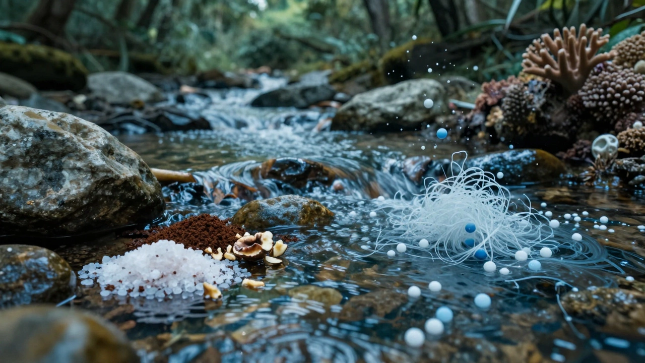 Přírodní exfolianty se rozpouštějí v čistém toku, zatímco mikroplasty znečišťují vodu a korálové útesy.