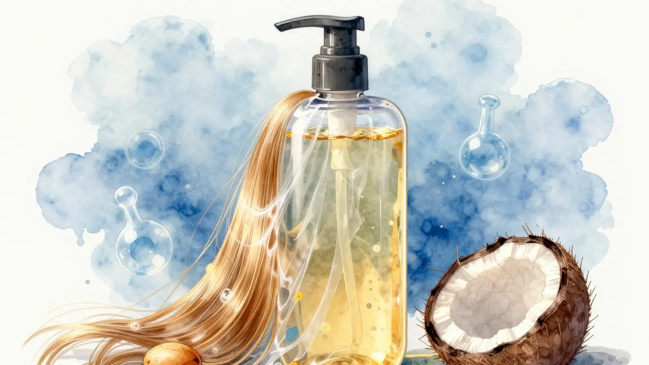 Průhledná láhev šamponu s plastovou vrstvou na vlasech a přírodními oleji pod ní