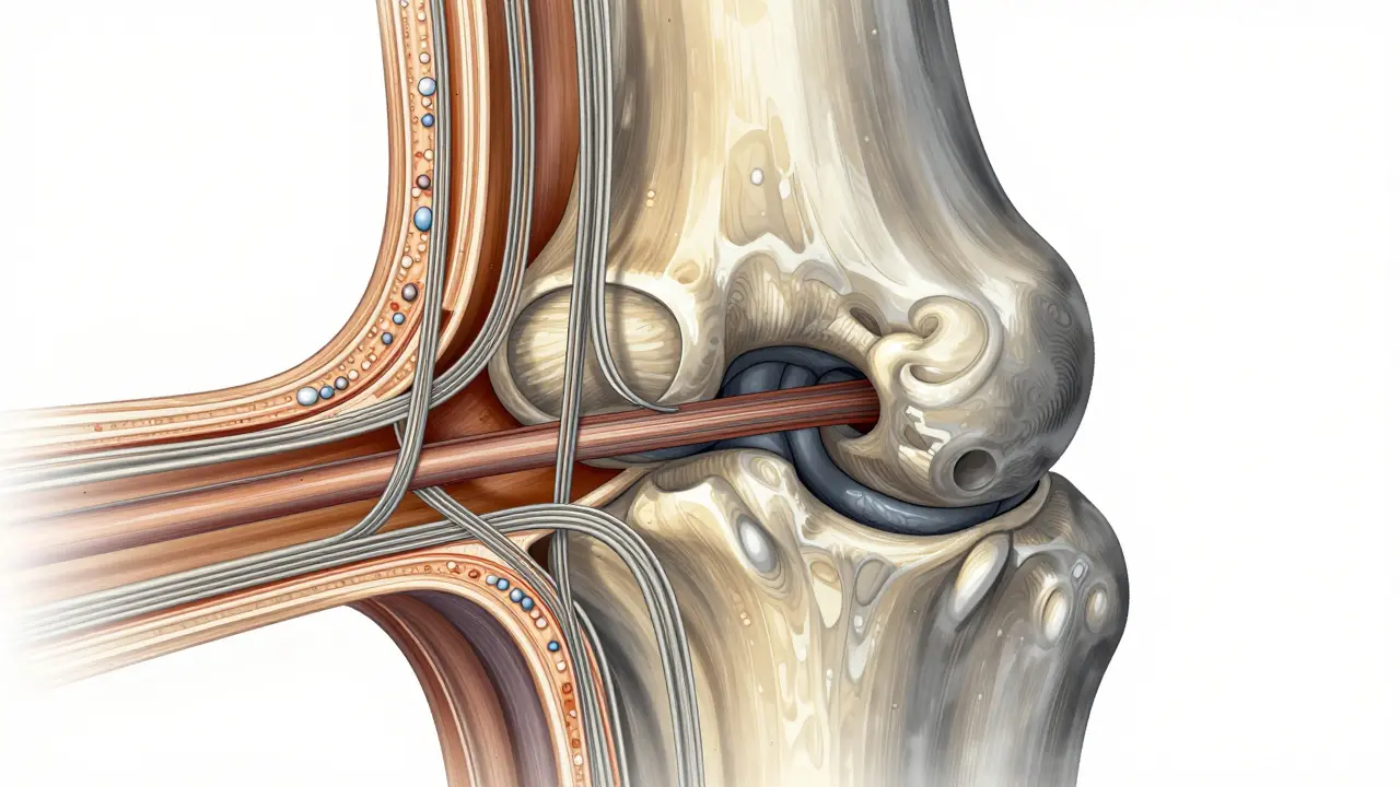 Průřez kloubu s kolagenovými vlákny podporujícími šlachy a chrupavku.
