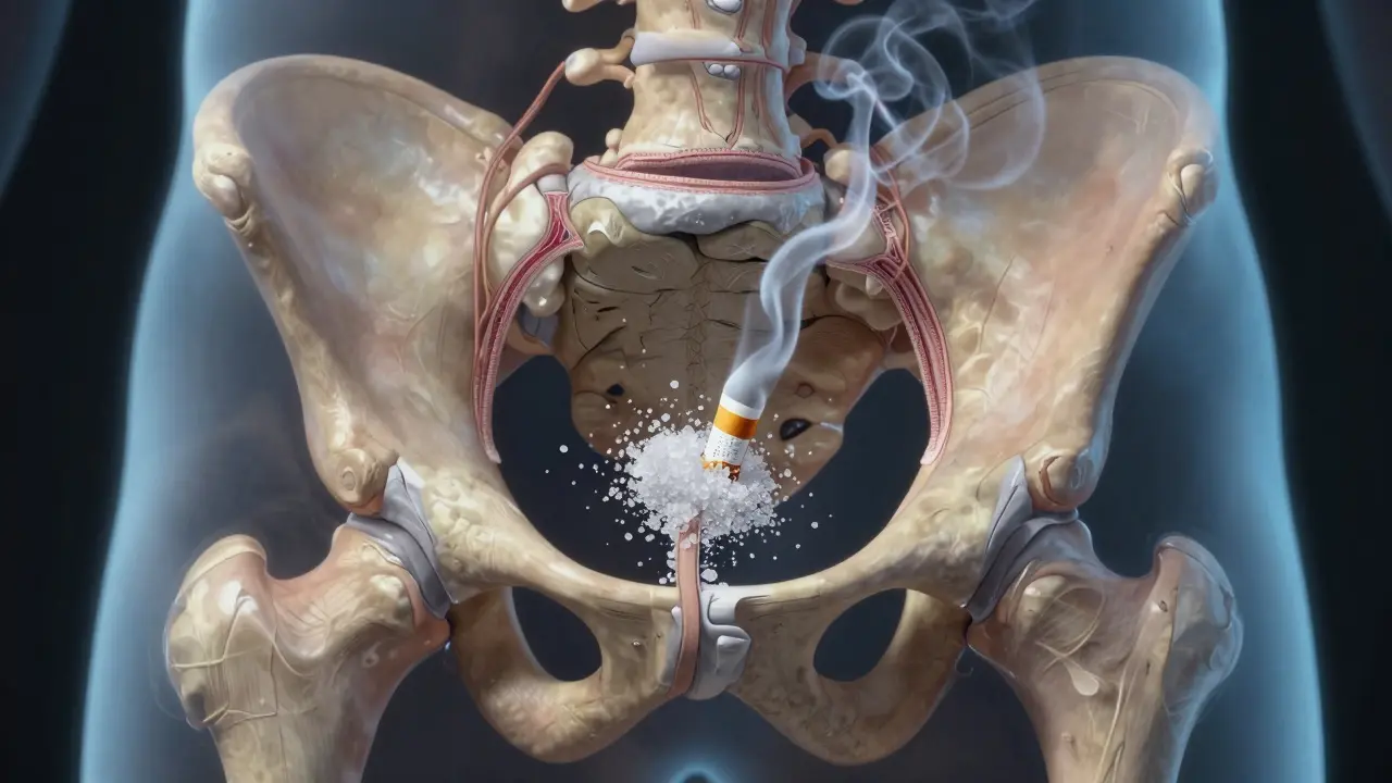 Průřez kyčelního kloubu s poškozenou chrupavkou, cukerné krystaly a kouř vstupují do kloubu.