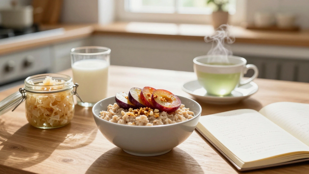 Ranní snídaně s ovesnými vločkami, kefírem a kváskovým zelím na dřevěném stole.