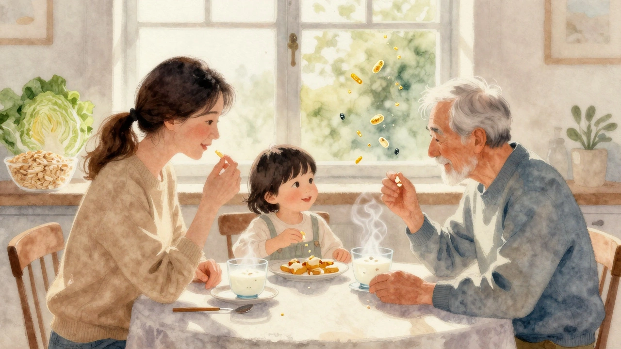 Rodina u snídaně užívá probiotika, na stole kefír a jogurt, teplé světlo a zdravá jídla v pozadí.