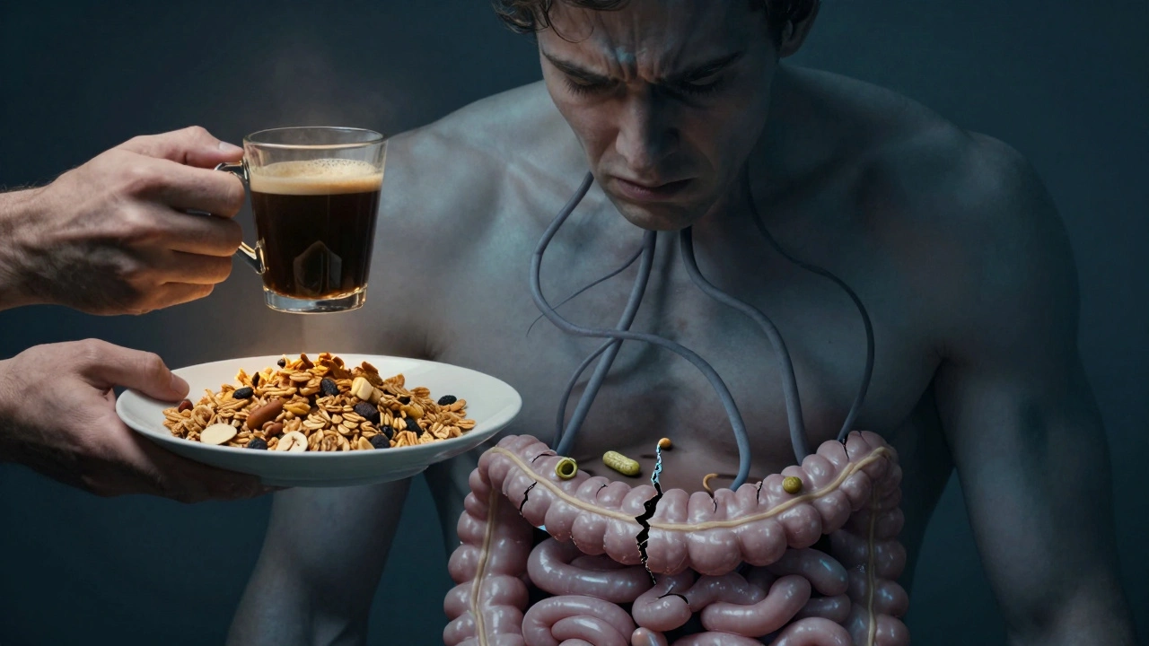 Ruce s cukrem a kávou, stres ovlivňující střevo, symbolická scéna