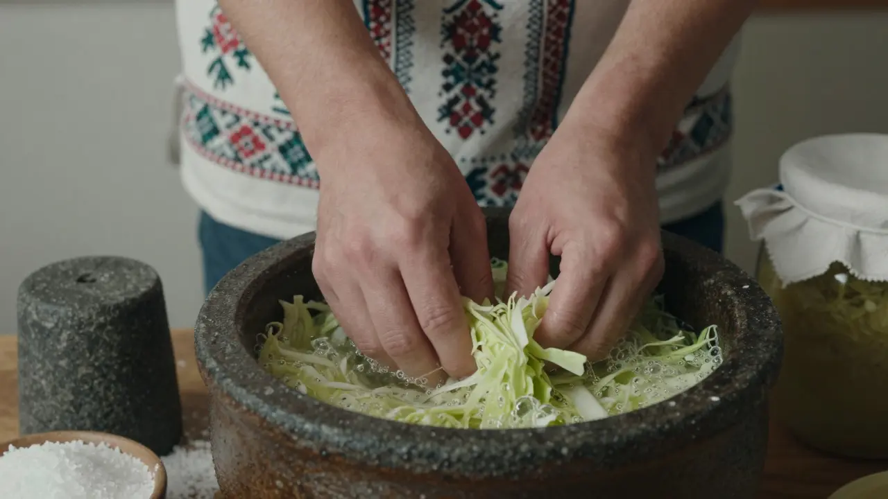 Ruce tlačí zelí do hrnce s solí a kamenem pro kvašení