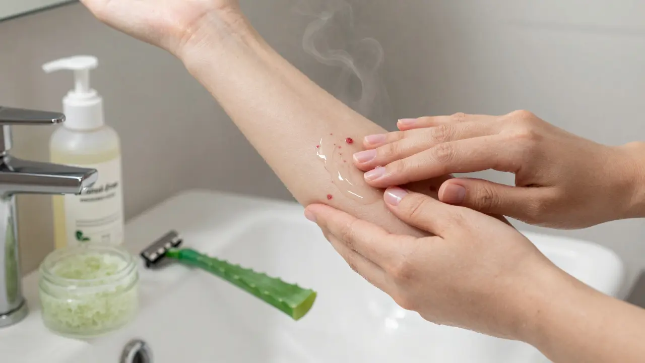 Ruka aplikující aloe vera gel na podrážděnou kůži pod paží po holení.