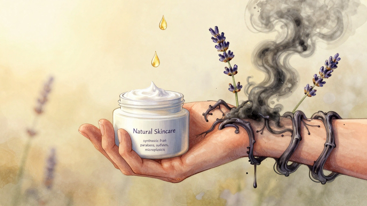 Ruka aplikující krém, z nějž vystupují jedovaté chemické větve, zatímco přírodní oleje klesají zhora.