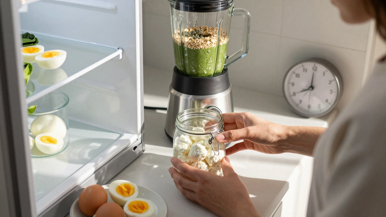 Rychlá příprava zdravé snídaně: tvarohové kuličky, smoothie a vařená vajíčka