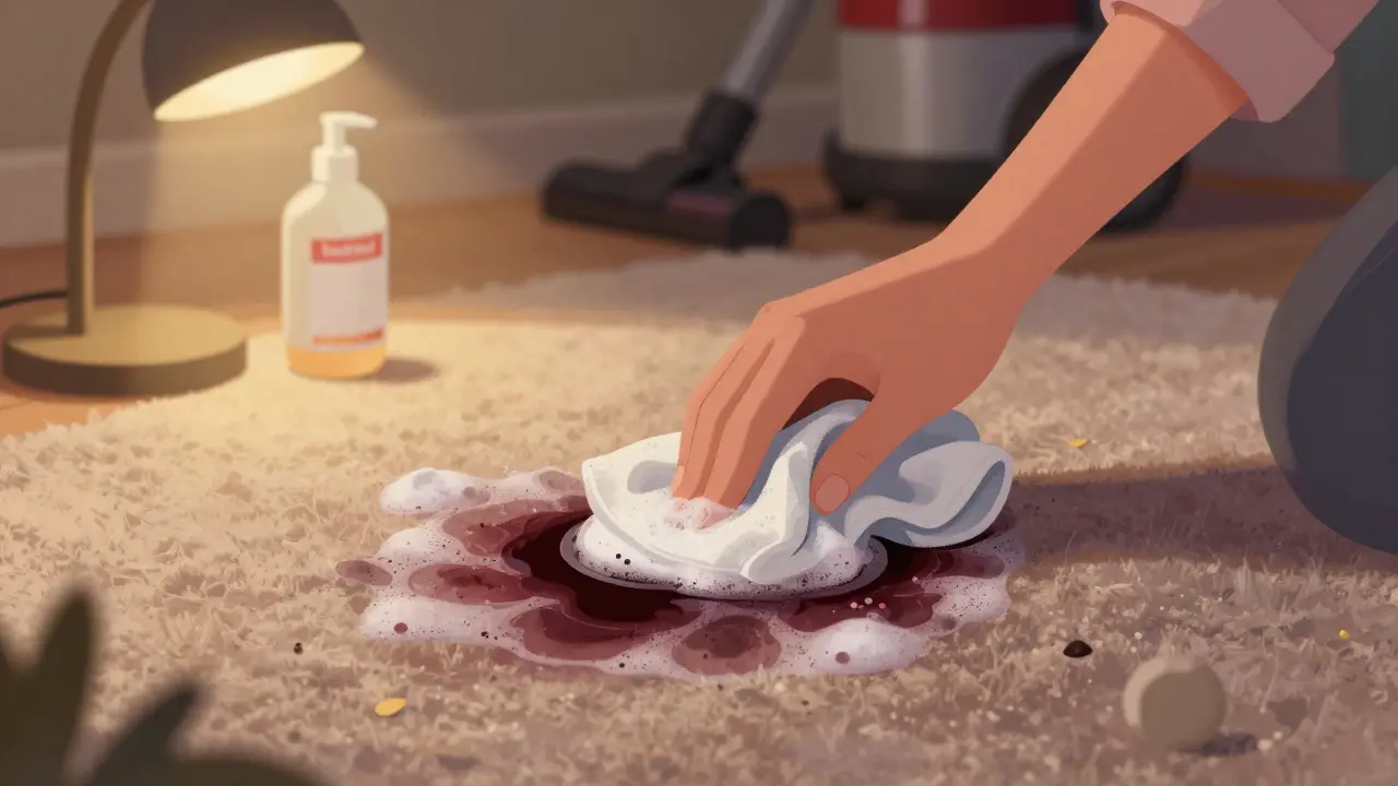 Skvrna od vína na koberec, čištěná směsí vody a alkoholu čistícím hadříkem.