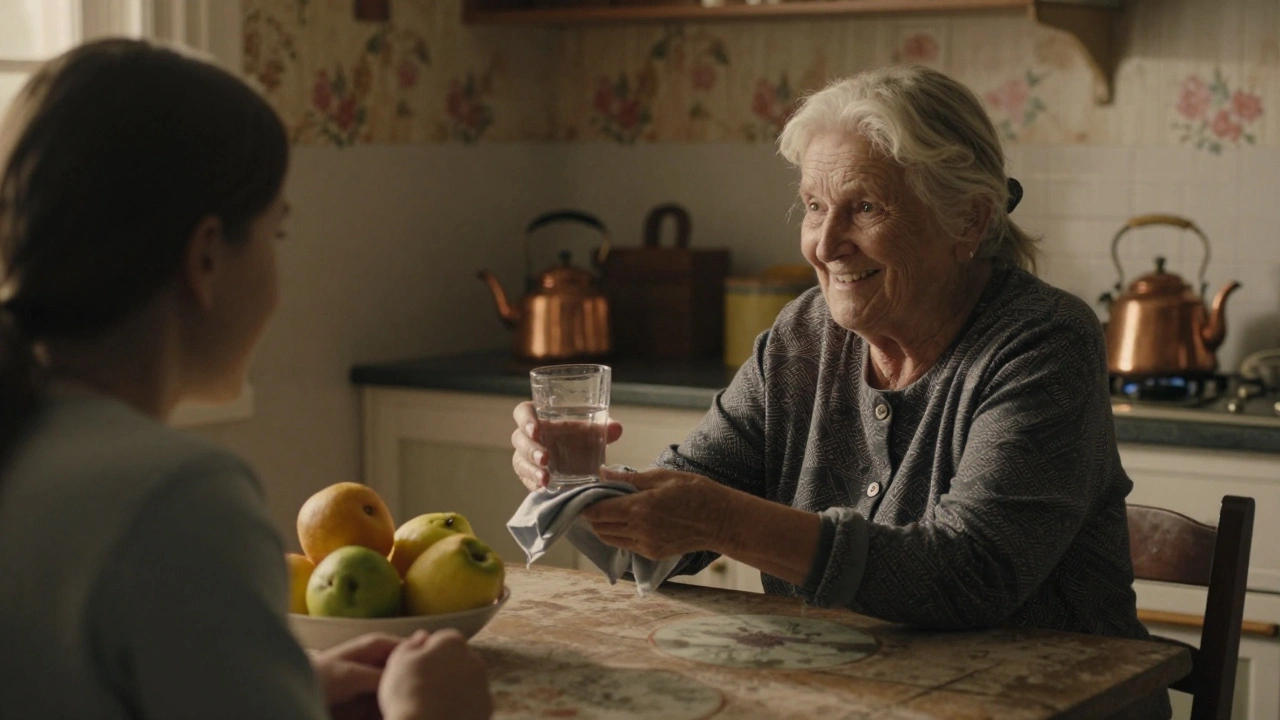 Stará žena podává mladé ženě čistý ručník a sklenici vody v kuchyni.
