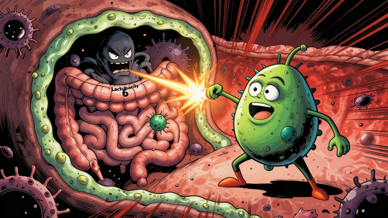 Superhrdina probiotikum Laktobacily 6 bojuje proti škodlivým bakteriím v trávicím traktu ve stylu komiksu.