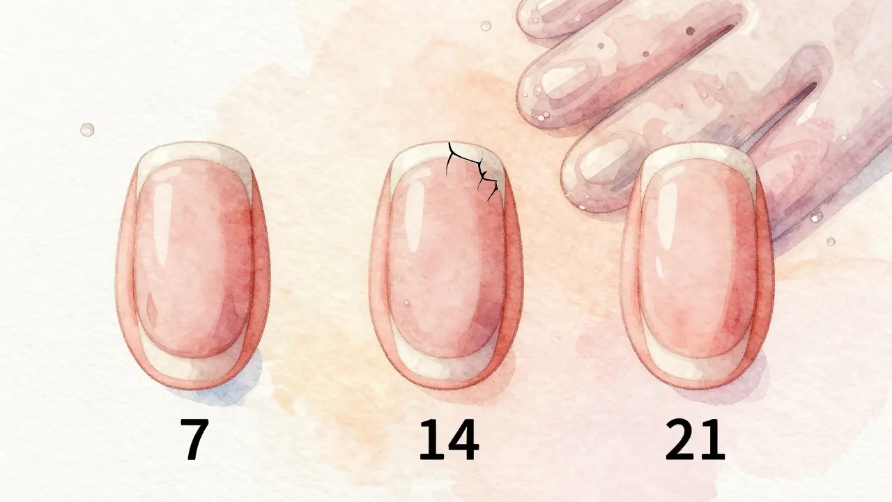 Tři nehty v různých fázích růstu s postupným odlepováním laku, znázorňující časový vývoj.